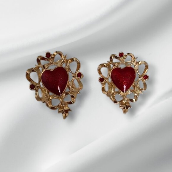 Avon Festive Heart Pierced Earrings with Crystal Bows - Picture 1 of 4